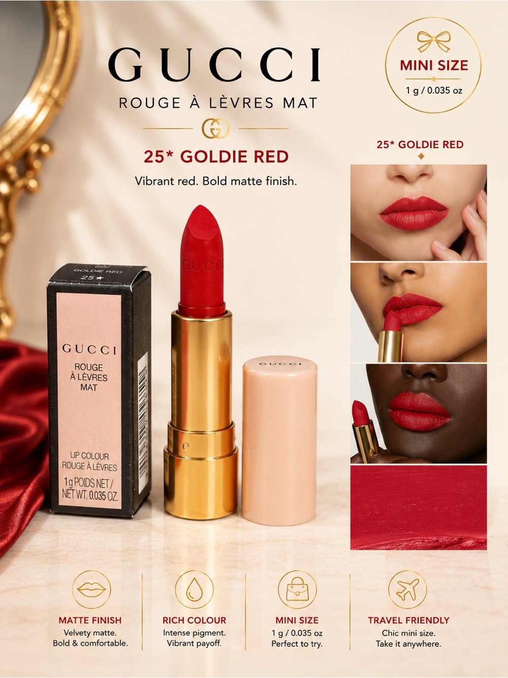 Gucci Rouge À Lèvres Mat MINI Size Lipstick - 25* Goldie Red 1g